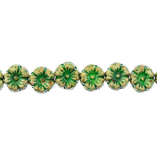 Glass Bead Cinquefoil Flower Bead - 9mm - Dark Green on Alabaster White (Strand 