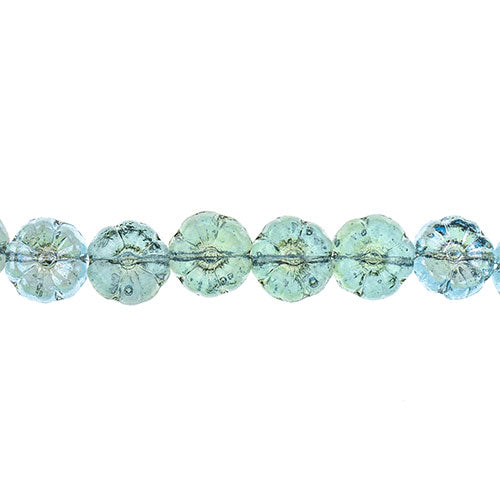 Glass Bead Cinquefoil Flower Bead - 9mm - Clarite on Aqua (Strand Apx 22pcs)