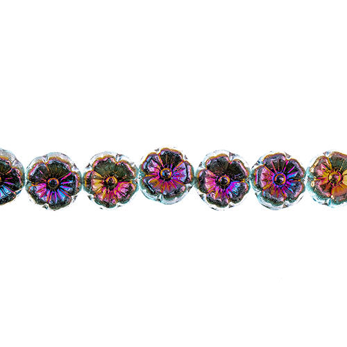 Glass Bead Cinquefoil Flower Bead - 9mm - Sliperit on Aqua (Strand Apx 22pcs)