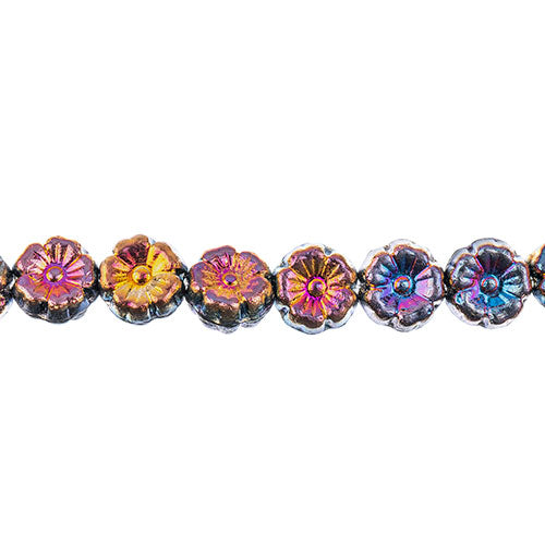 Glass Bead Cinquefoil Flower Bead - 9mm - Sliperit on Black (Strand Apx 22pcs)