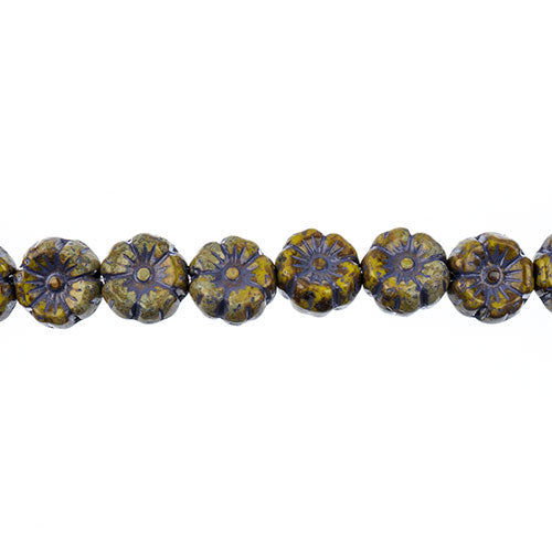 Glass Bead Cinquefoil Flower Bead - 9mm - Purple on Green (Strand Apx 22pcs)