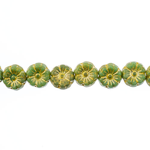 Glass Bead Cinquefoil Flower Bead - 9mm - Yellow on Turquoise (Strand Apx 22pcs)