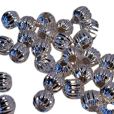 Metal Beads - 4mm - Fluted Metal Rounds - Shiny Silvertone (25)