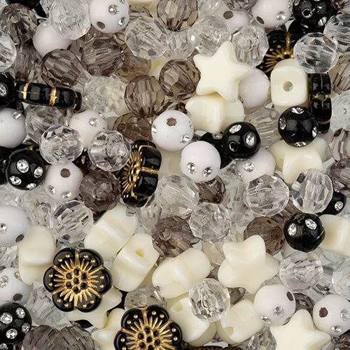 Craft Beads - Stars and Flowers and Rounds - Neutral Black White Grey (Pack)