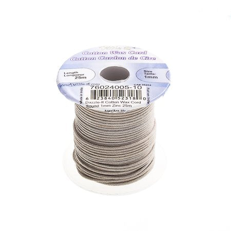 Cotton Cord - 1mm Round Waxed - Zinc (25m)