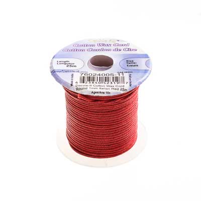 Cotton Cord - 1mm Round Waxed - Italian Red (25m)