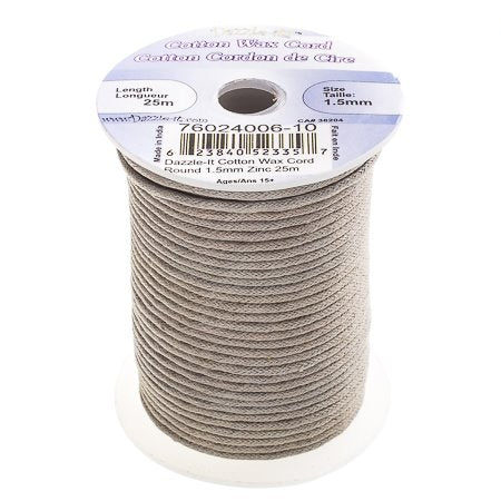 Cotton Cord - 1.5mm Round Waxed - Zinc (25m)