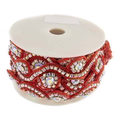 Beaded Crystal Swirl Trim - 38mm - Crystal AB / Red (1yd)