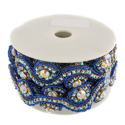 Beaded Crystal Swirl Trim - 38mm - Crystal / Royal Blue (1yd)