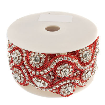 Beaded Crystal Swirl Trim - 38mm - Crystal / Red (1yd)
