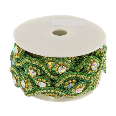 Beaded Crystal Swirl Trim - 38mm - Crystal AB / Green (1yd)