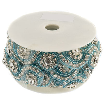 Beaded Crystal Swirl Trim - 38mm - Crystal / Light Blue (1yd)