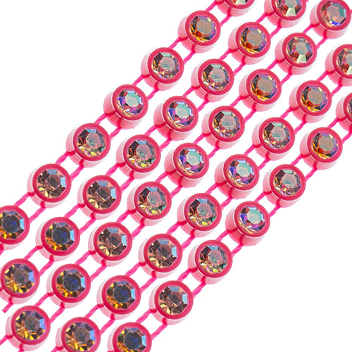 Crystal Lane Rhinestone Trim - ss12 (3mm) - Hot Pink Casing/ Crystal AB (1yd)