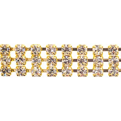 Rhinestone Chain - ss12 (3mm) - 3 row - Crystal - Gold Plated (1m)
