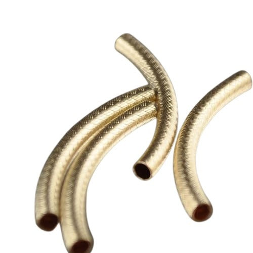 Metal Tube Beads - 35mm - Patterned Curved Noodle - 14 Kt Gold-filled