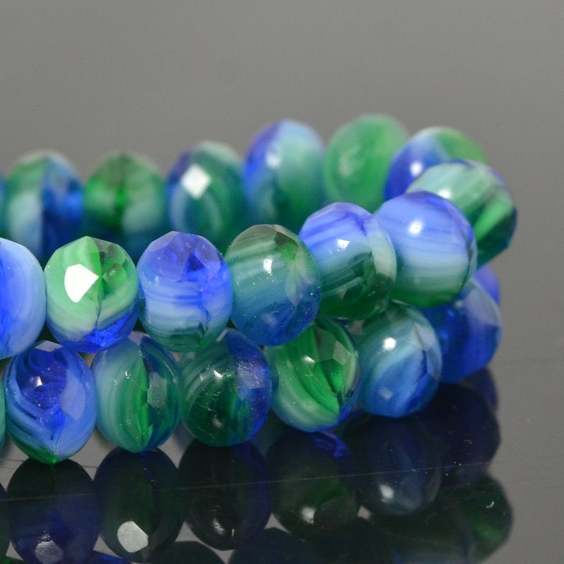 Fire Polish - 7x5mm - Faceted Donut - Sapphires n Emeralds Givre (strand 25)