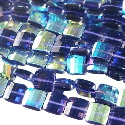 Fire Polish - 9mm - Faceted Flat Square - Tanzanite AB