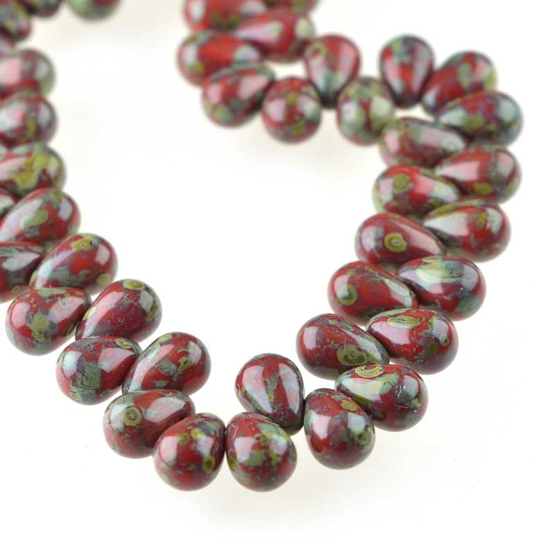 Drop Beads - 4x6mm Tiny Tims - Red Coral Picasso (50)