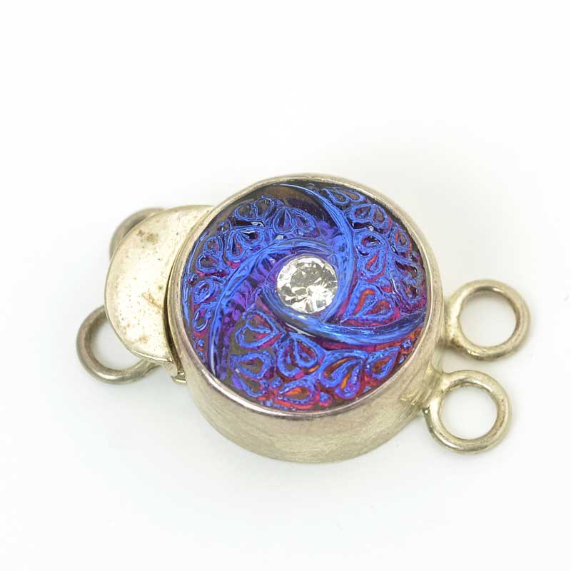 Box Clasp Round with Molded Glass Plus Crystal - 2-Strand - Volcano - Sterling  