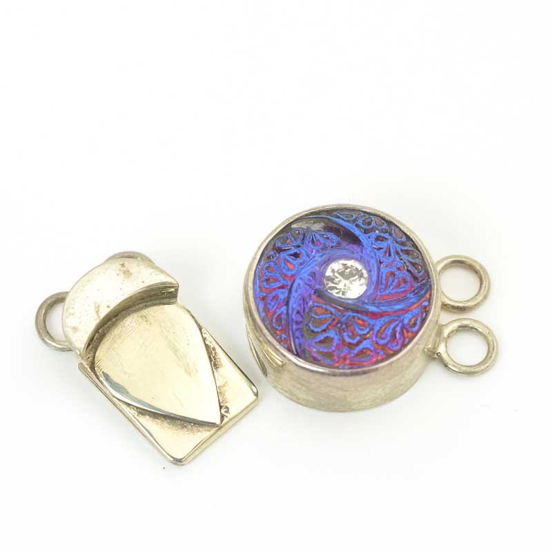 Box Clasp Round with Molded Glass Plus Crystal - 2-Strand - Volcano - Sterling  