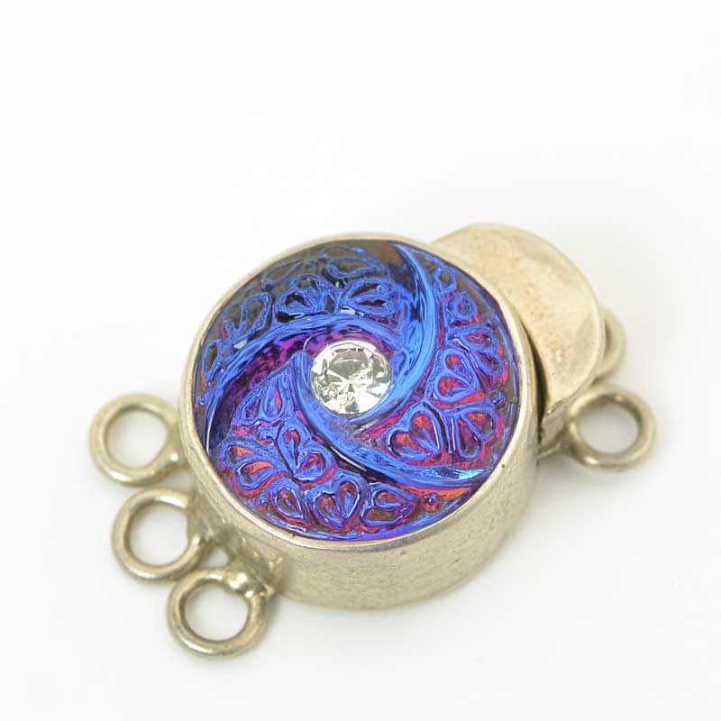 Box Clasp Round with Molded Glass Plus Crystal - 3-Strand - Volcano - Sterling