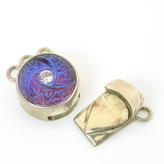 Box Clasp Round with Molded Glass Plus Crystal - 3-Strand - Volcano - Sterling