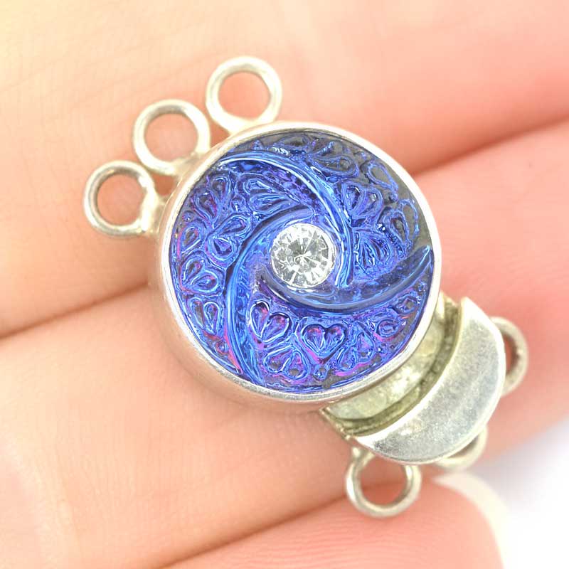 Box Clasp Round with Molded Glass Plus Crystal - 3-Strand - Volcano - Sterling