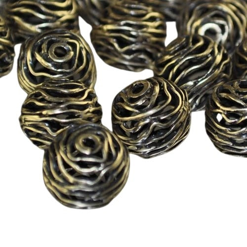 Metal Beads - 12mm - Wound Wicker Ball - Antiqued Brass
