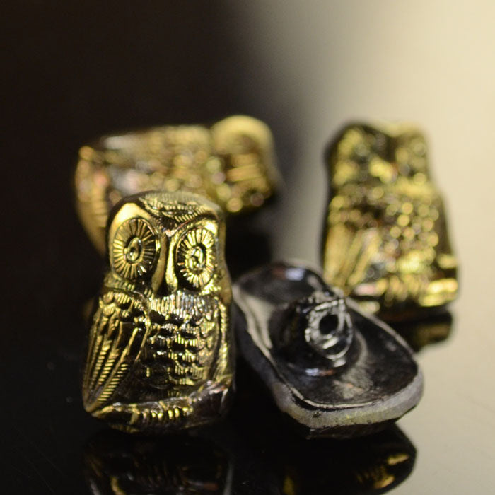 Czech Glass Button - 12mm Startled Owl - Metallic Gold