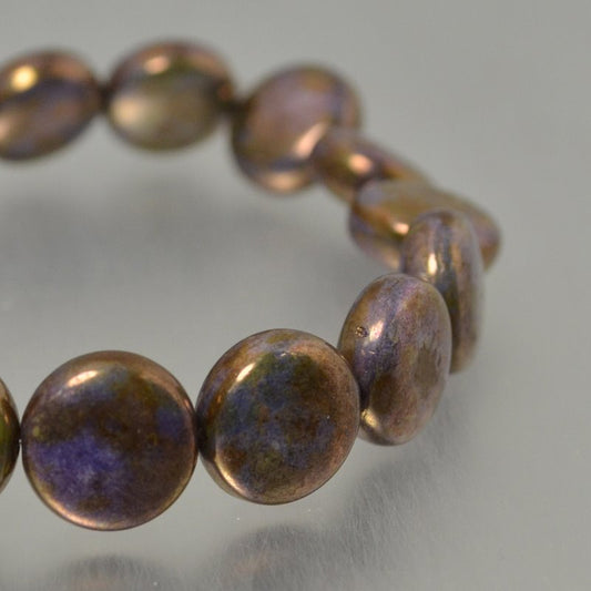 Czech Glass - 10mm Puff Coin - Antique Gold Lustre Smokey Mauve (Strand 15)