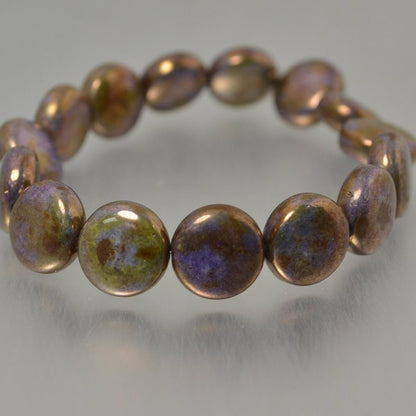 Czech Glass - 10mm Puff Coin - Antique Gold Lustre Smokey Mauve (Strand 15)