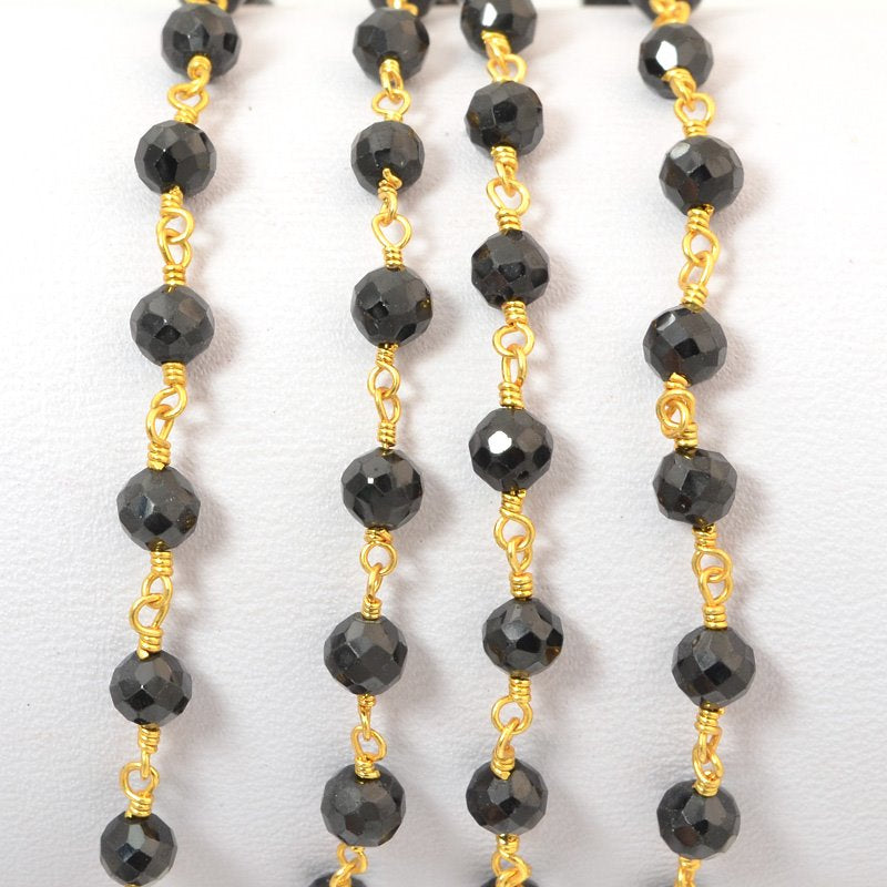 Gemstone Chain - 4mm Faceted Bead on Wire Link - Onyx Black / Gold Plated (foot)