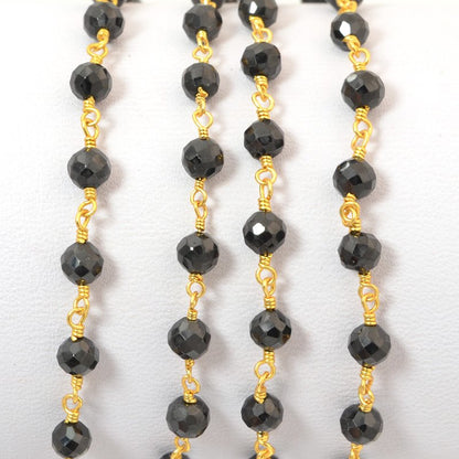 Gemstone Chain - 4mm Faceted Bead on Wire Link - Onyx Black / Gold Plated (foot)