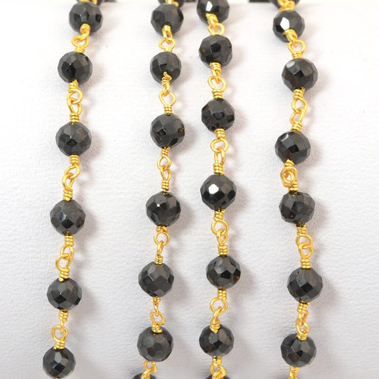Gemstone Chain - 4mm Faceted Bead on Wire Link - Onyx Black / Gold Plated (foot)