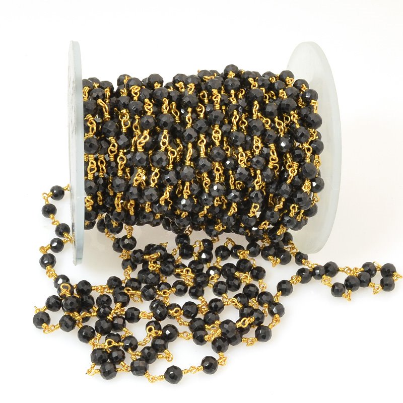 Gemstone Chain - 4mm Faceted Bead on Wire Link - Onyx Black / Gold Plated (foot)
