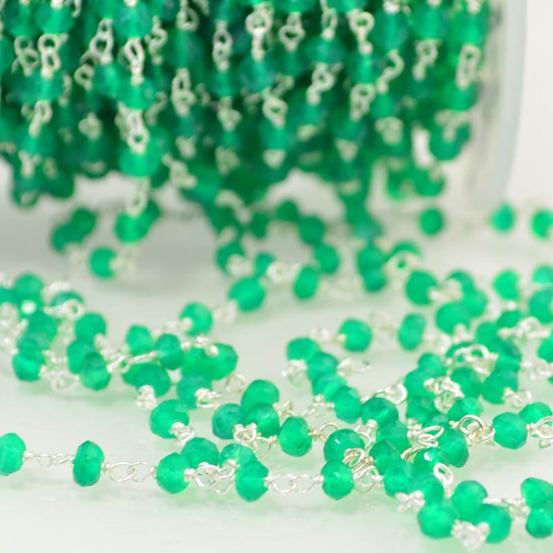 Gemstone Chain - 3mm Faceted Bead on Wire Link - Matte Green Onyx / Silvertone (