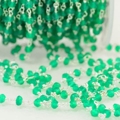 Gemstone Chain - 3mm Faceted Bead on Wire Link - Matte Green Onyx / Silvertone (