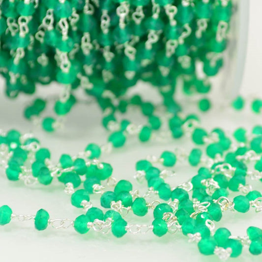 Gemstone Chain - 3mm Faceted Bead on Wire Link - Matte Green Onyx / Silvertone (