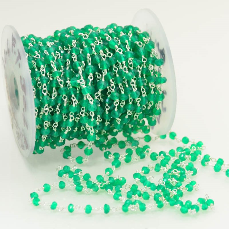 Gemstone Chain - 3mm Faceted Bead on Wire Link - Matte Green Onyx / Silvertone (