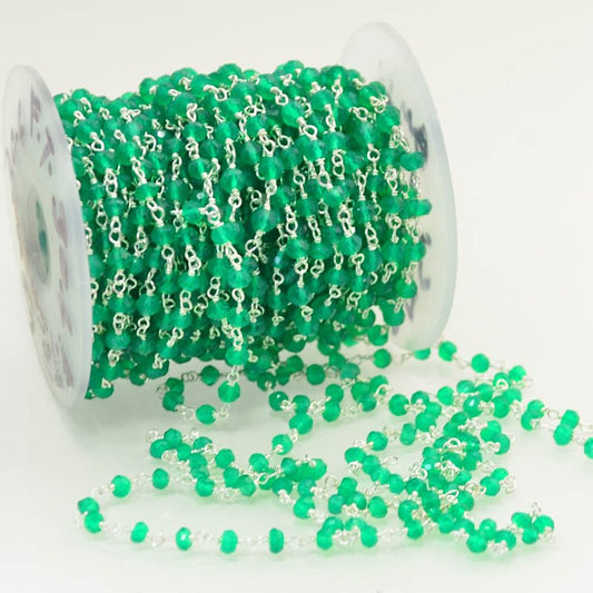 Gemstone Chain - 3mm Faceted Bead on Wire Link - Matte Green Onyx / Silvertone (