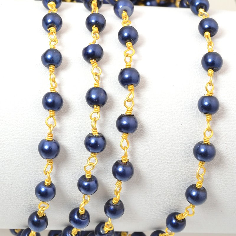 Gemstone Chain - 4mm Round on Wire Link - Dark Blue Glass Pearl / Gold Plated (f