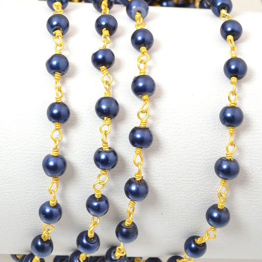 Gemstone Chain - 4mm Round on Wire Link - Dark Blue Glass Pearl / Gold Plated (f