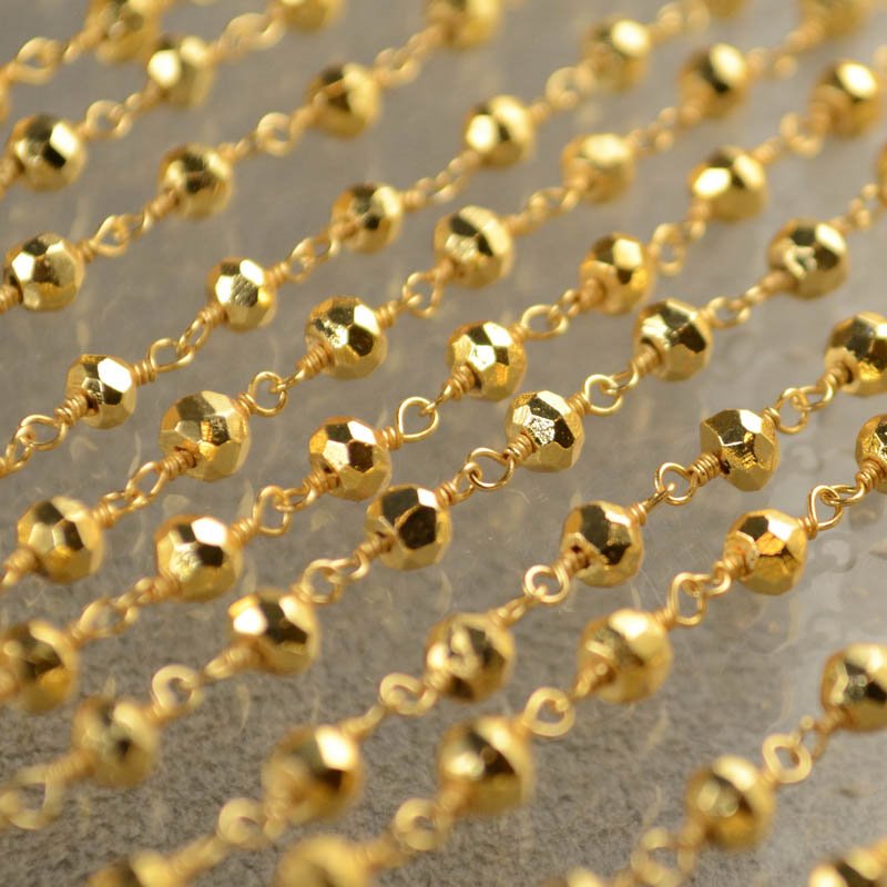 Gemstone Chain - 4mm Round on Wire Link - Dark Blue Glass Pearl / Gold Plated (f