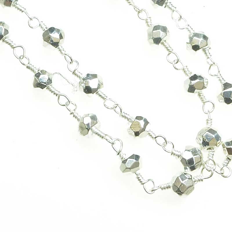 Gemstone Chain - 4mm Faceted Bead on Wire Link - Metallic Silver - Silver (foot)