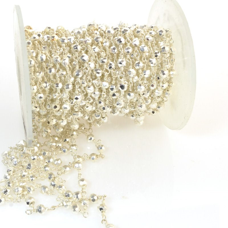 Gemstone Chain - 4mm Faceted Bead on Wire Link - Metallic Silver - Silver (foot)