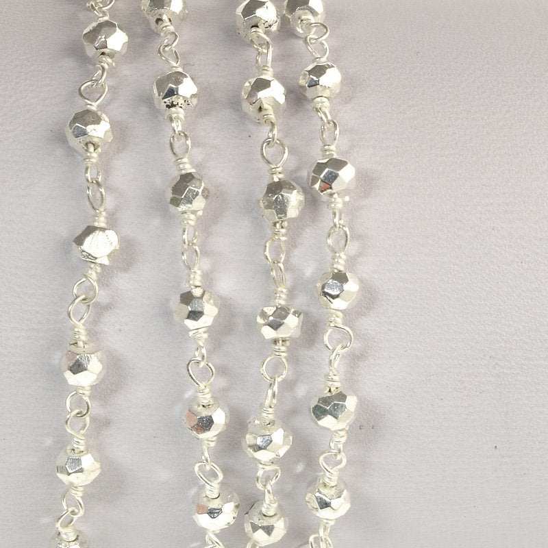 Gemstone Chain - 4mm Faceted Bead on Wire Link - Metallic Silver - Silver (foot)