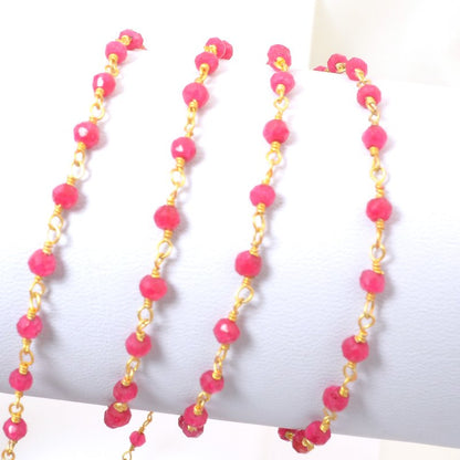 Gemstone Chain - 3mm Faceted Rondelle on Wire Link - Tourmaline Pink / Gold Plat