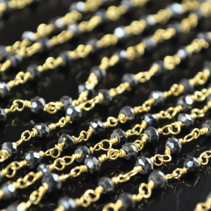 Gemstone Chain - 3mm Faceted Rondelle on Wire Link - Silver Coated Black Onyx / 