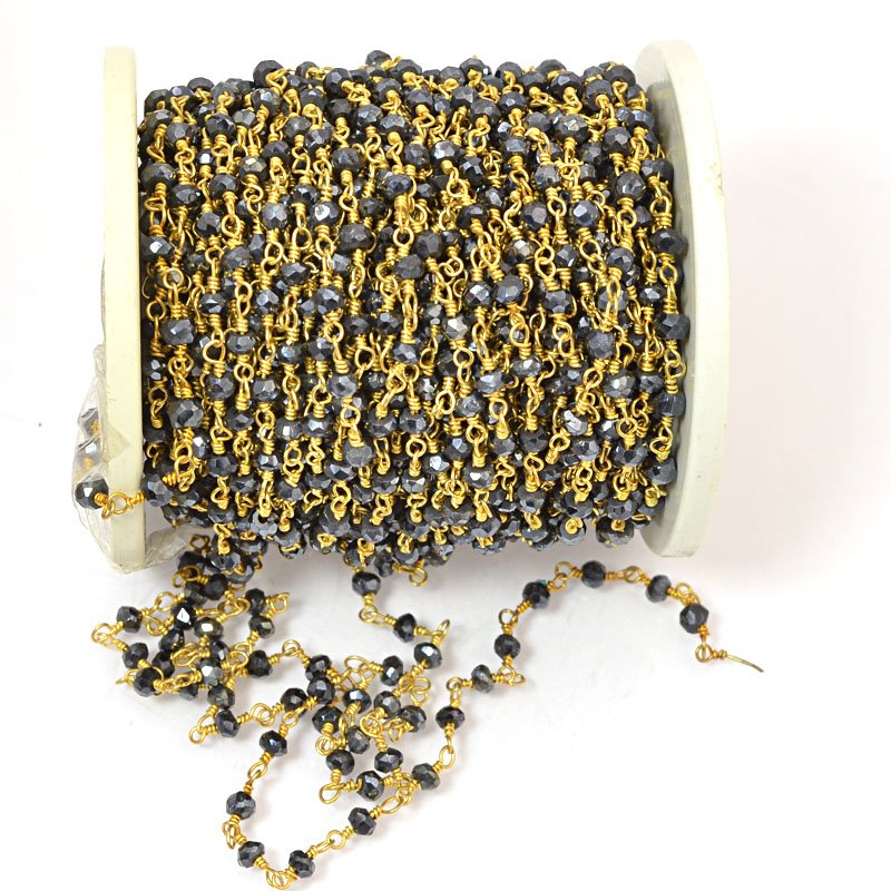 Gemstone Chain - 3mm Faceted Rondelle on Wire Link - Silver Coated Black Onyx / 