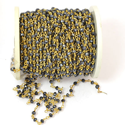 Gemstone Chain - 3mm Faceted Rondelle on Wire Link - Silver Coated Black Onyx / 